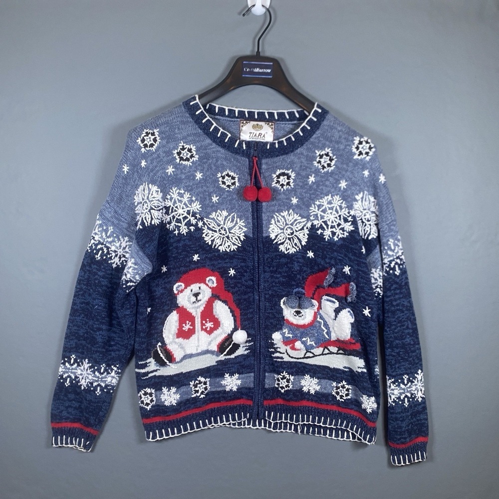 Vintage Tiara International Christmas Cardigan L Polar Bear Winter Zip Sweater